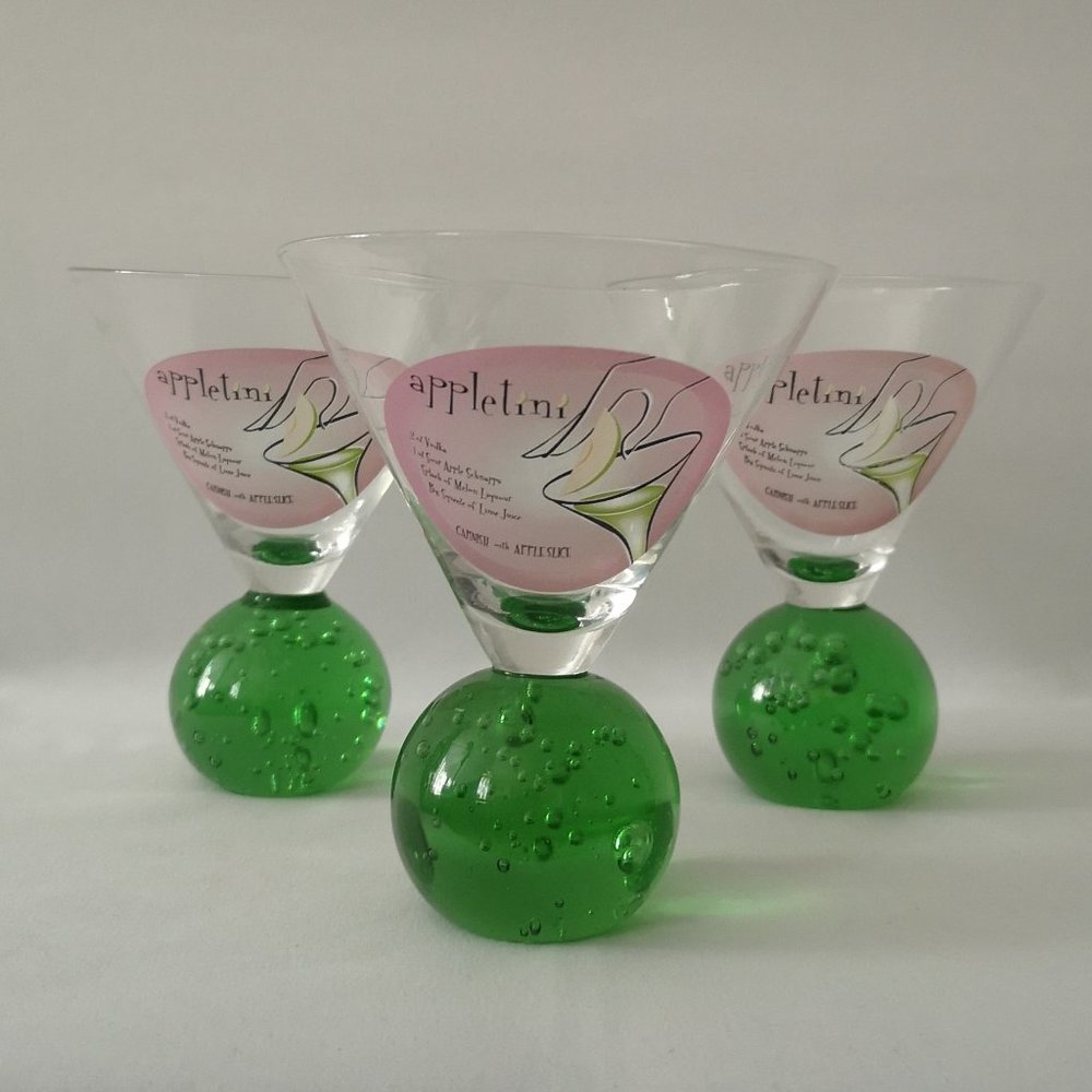 Set of Three Unique Art Glass Appletini Drink Glasses with Recipe Graphic